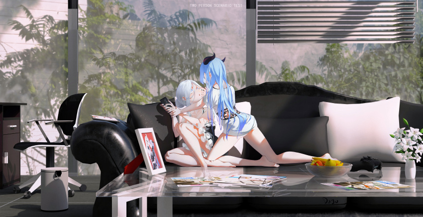 2girls 3d_background absurdres artist_self-reference bangs black_negligee blue_eyes blue_hair collarbone couch duju_jiugong_zhong flower ganyu_(genshin_impact) genshin_impact grey_hair hair_behind_ear hair_bun highres holding holding_another's_arm holding_phone horns lingerie long_hair mixed_media multiple_girls negligee open_mouth phone shenhe_(genshin_impact) sitting underwear white_flower window yuri