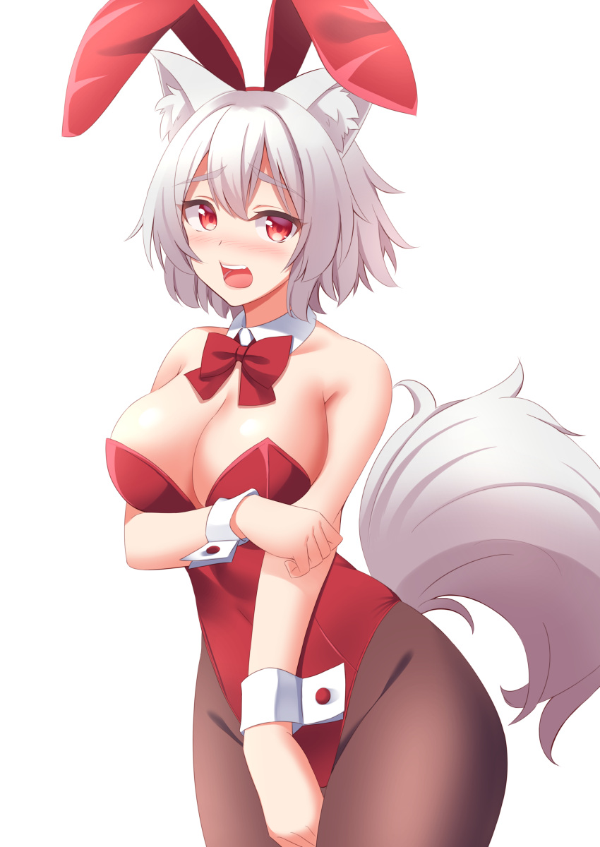 1girl absurdres animal_ear_fluff animal_ears asahina_mikuru asahina_mikuru_(cosplay) bare_shoulders bow bowtie breasts brown_pantyhose cleavage commentary_request cosplay detached_collar fake_animal_ears highres inubashiri_momiji large_breasts leotard looking_at_viewer open_mouth pantyhose playboy_bunny rabbit_ears red_bow red_bowtie red_eyes red_leotard short_hair solo suzumiya_haruhi_no_yuuutsu tail tokyo_yamane touhou white_hair wolf_ears wolf_girl wolf_tail