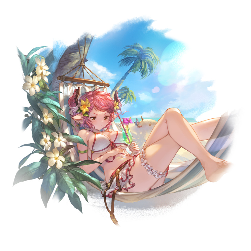 1boy 1girl alpha_transparency animal_ears bangs barefoot beach belt bikini bikini_skirt blue_hair blush breasts bridal_garter brown_eyes cleavage closed_mouth cloud crab crossed_legs cup day drang_(granblue_fantasy) draph drinking_glass drinking_straw earrings erune flower front-tie_top granblue_fantasy hair_flower hair_ornament hammock holding horns jewelry large_breasts minaba_hideo navel official_art outdoors palm_tree pointy_ears purple_flower red_hair sand short_hair sideboob sky solo starfish sturm_(granblue_fantasy) swimsuit sword transparent_background tree tropical_drink underboob weapon white_bikini white_flower yellow_flower