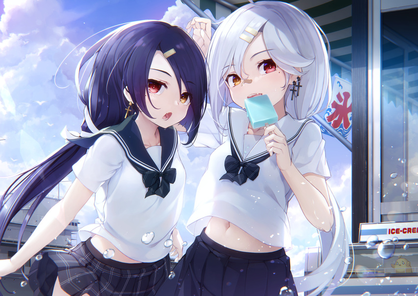 2girls azur_lane bangs bird black_hair blue_skirt blue_sky cassin_(azur_lane) cassin_(shopping_carte_blanche)_(azur_lane) cloud collarbone commentary_request cross cross_earrings day downes_(azur_lane) downes_(part-time_bomber)_(azur_lane) earrings eorx fang hair_ornament hairclip heterochromia highres ice_cream_bar jewelry long_hair looking_at_viewer low_ponytail manjuu_(azur_lane) midriff_peek military military_vehicle mole mole_under_eye multiple_girls navel neck_ribbon official_alternate_costume open_mouth outdoors pleated_skirt red_eyes ribbon sailor_collar school_uniform seagull ship shirt short_sleeves siblings sisters skirt sky stomach sunlight sweat swept_bangs warship watercraft white_hair white_shirt yellow_eyes