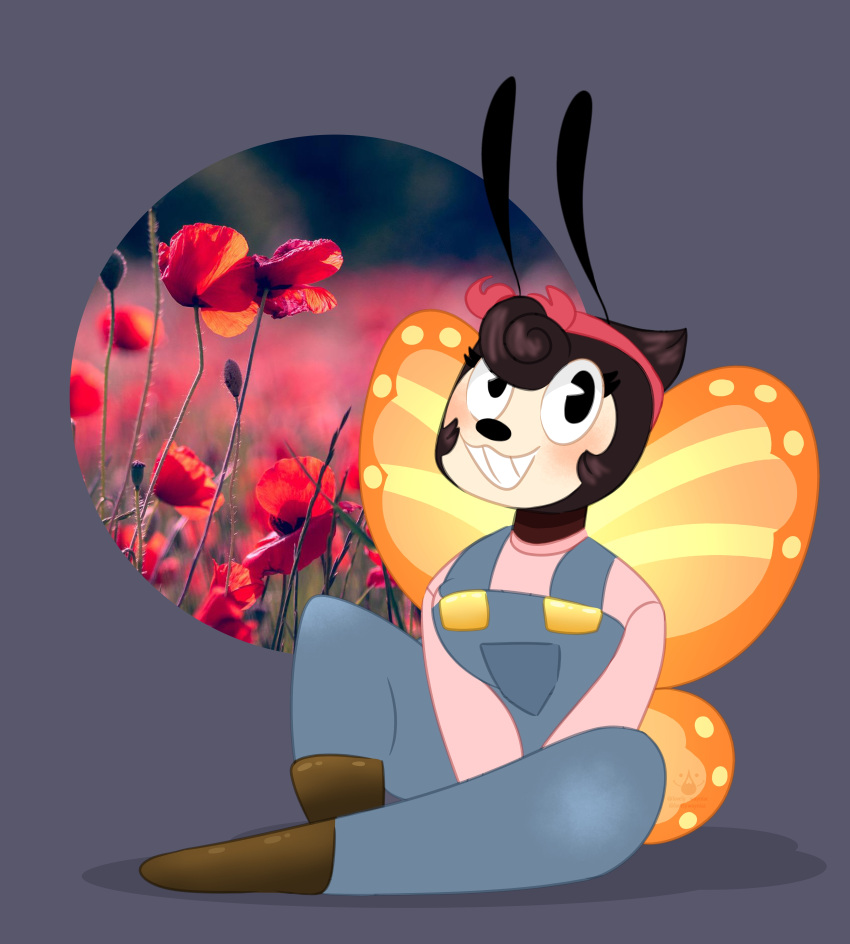 absurd_res accessory animal_humanoid antennae_(anatomy) artfight arthropod arthropod_humanoid blue_clothing blue_overalls boots brown_boots brown_clothing brown_footwear brown_hair butterfly_humanoid clothing female flower footwear grin hair headband hi_res humanoid insect insect_humanoid lepidopteran lepidopteran_humanoid lepidopteran_wings lovelywayniac orange_wings overalls photo pie_cut_eyes pink_clothing pink_shirt pink_topwear plant pockets red_flower red_headband shadow shirt simple_background sitting smile solo topwear wings