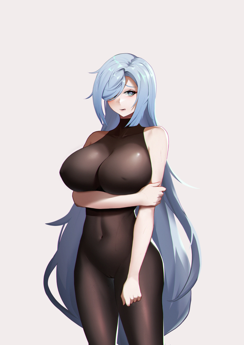 1girl absurdres arm_under_breasts blue_eyes blue_hair blush bodystocking breasts covered_navel genshin_impact hair_over_one_eye highres huge_breasts long_hair looking_to_the_side one_eye_covered open_mouth shenhe_(genshin_impact) skin_tight solo very_long_hair xi_(hanha)