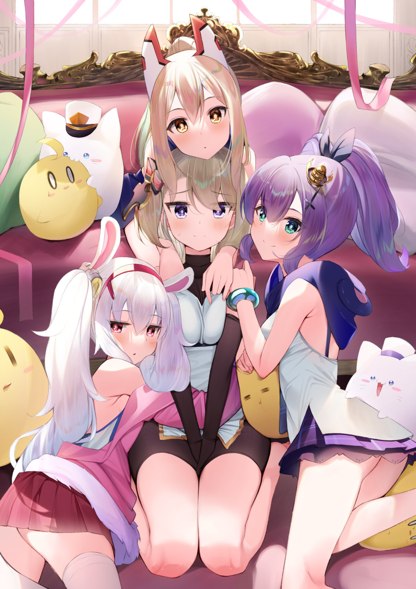 4girls absurdres animal_ears ayanami_(azur_lane) azur_lane beret bike_shorts black_gloves blue_eyes camisole cross cross_hair_ornament crown elbow_gloves fake_animal_ears gloves green_eyes hair_ornament hairband hat head_on_head head_rest headgear highres hino_kagutsuki hood iron_cross jacket javelin_(azur_lane) kneeling laffey_(azur_lane) light_brown_hair manjuu_(azur_lane) medium_hair meowfficer_(azur_lane) mini_crown multiple_girls orange_eyes pink_jacket plaid plaid_skirt pleated_skirt purple_hair purple_ribbon purple_skirt rabbit_ears red_eyes red_skirt ribbon short_hair sitting skirt thighhighs tilted_headwear twintails white_camisole white_hair wide_ponytail z23_(azur_lane)