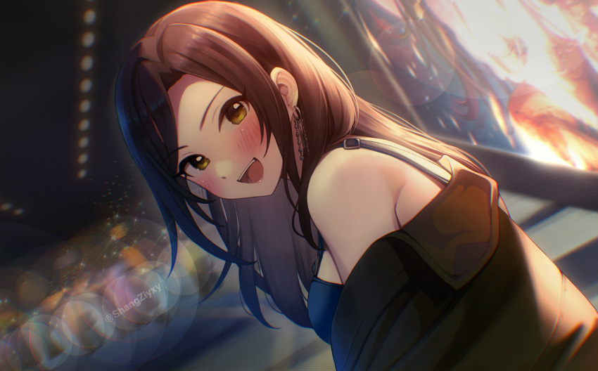1girl black_hair blurry blurry_background blush display_board dutch_angle earrings green_jacket highres idolmaster idolmaster_cinderella_girls jacket jacket_partially_removed jewelry lens_flare looking_at_viewer looking_to_the_side mukai_takumi outdoors shangzi smile solo straight_hair twitter_username upper_body