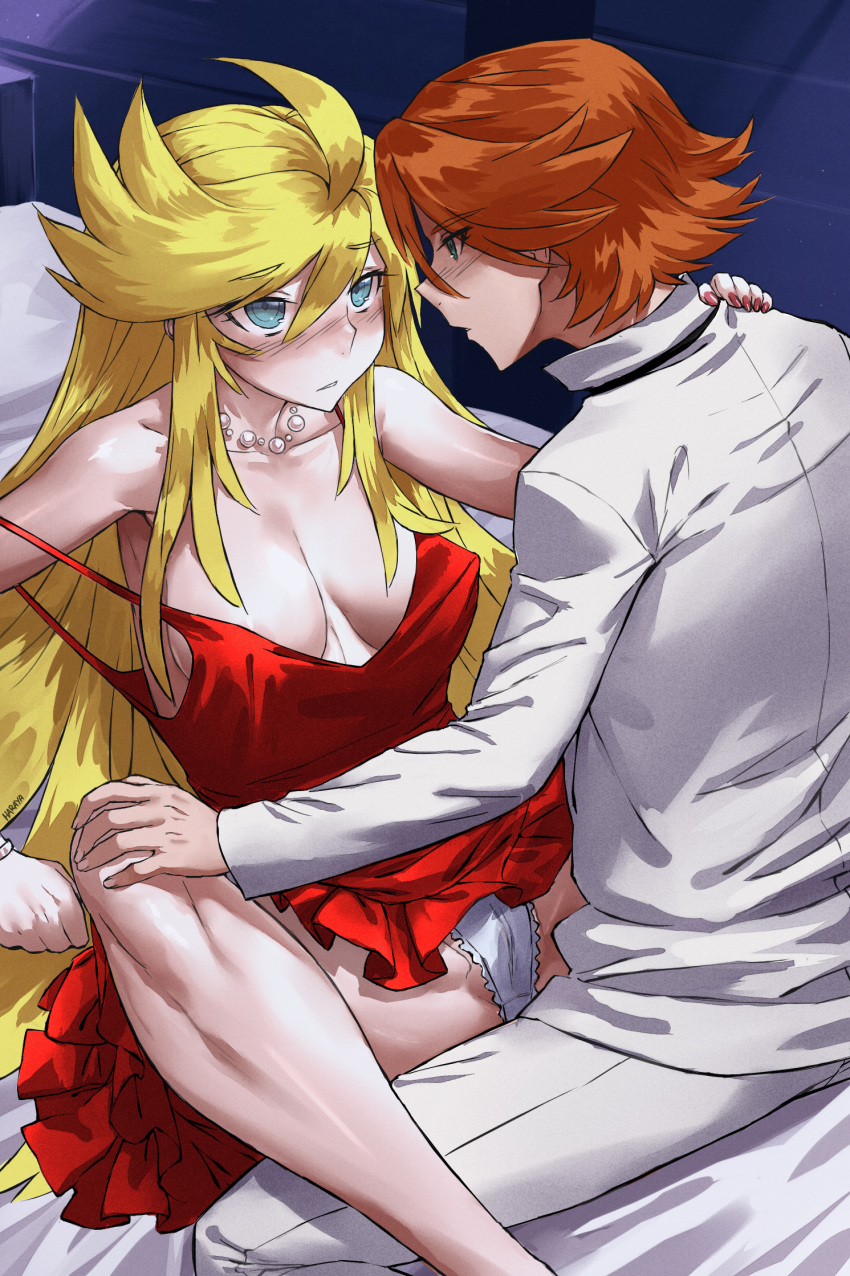 1boy 1girl blonde_hair blue_eyes breasts brief_(psg) brown_hair cleavage covered_nipples dress formal hand_on_another's_shoulder haraya_manawari highres jewelry looking_at_another necklace panties panty_&amp;_stocking_with_garterbelt panty_(psg) pearl_necklace red_dress spread_legs strap_slip suit underwear white_suit