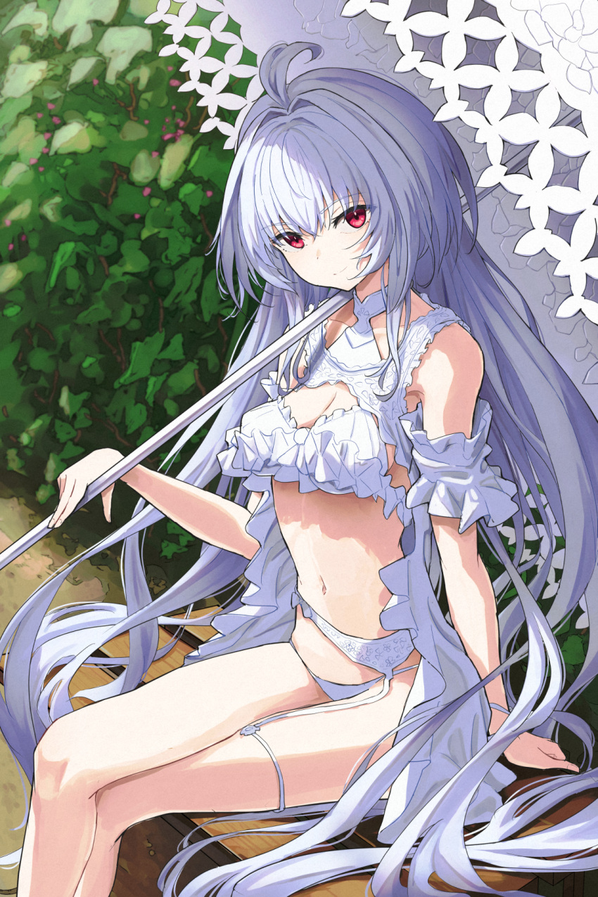 1girl bangs bare_shoulders bikini breasts cleavage fate/grand_order fate/prototype fate_(series) frilled_bikini frills highres holding kamo_ashi long_hair looking_at_viewer medium_breasts merlin_(fate/prototype) navel outdoors parasol red_eyes smile solo swimsuit thighs umbrella very_long_hair white_bikini white_hair