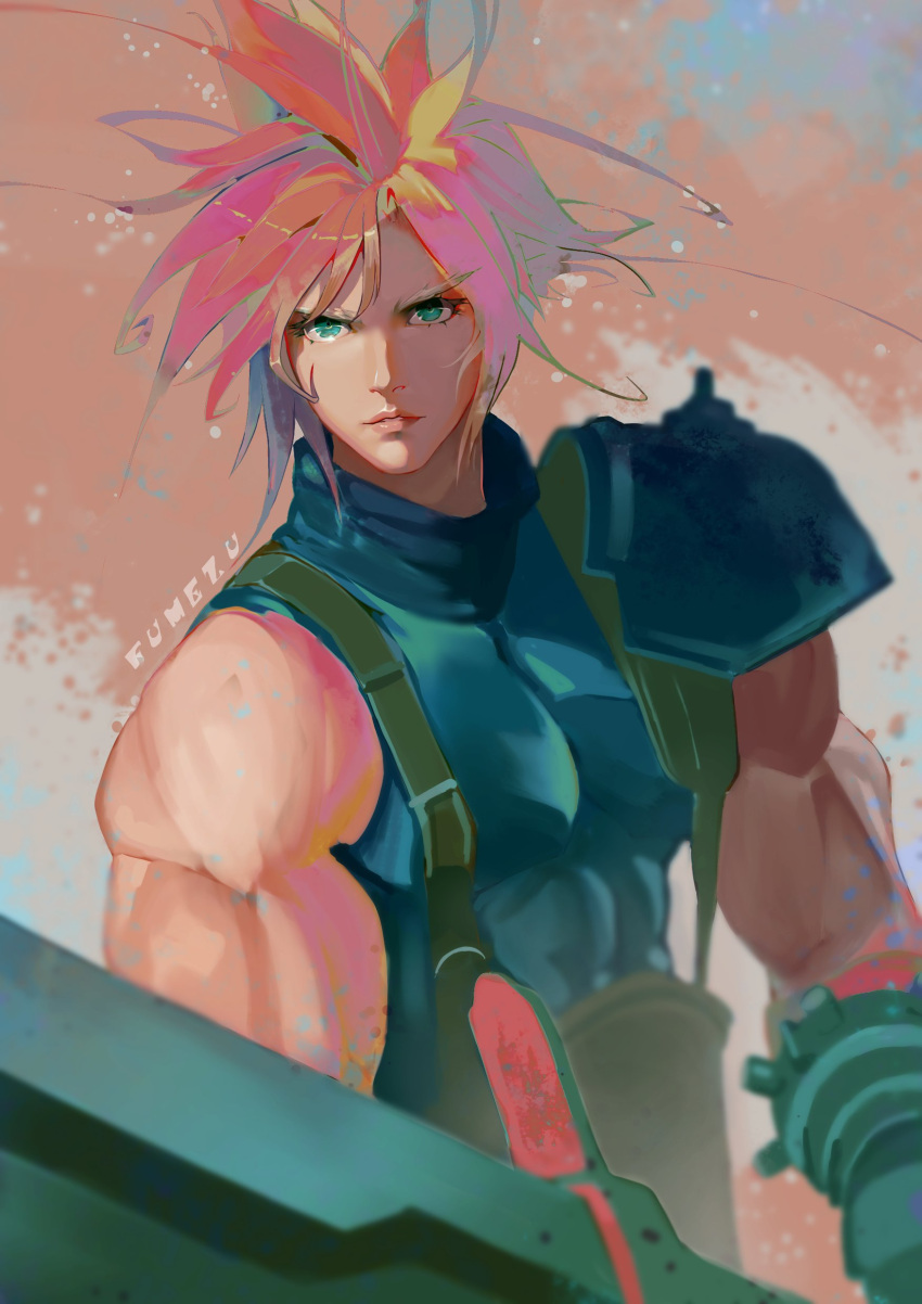 1boy absurdres aqua_eyes armor artist_name bare_shoulders belt blonde_hair blue_shirt cloud_strife fighting_stance final_fantasy final_fantasy_vii fumezu1 highres holding holding_sword holding_weapon looking_at_viewer male_focus messy_hair muscular muscular_male shirt short_hair shoulder_armor sleeveless sleeveless_turtleneck solo spiked_hair suspenders sword turtleneck upper_body weapon