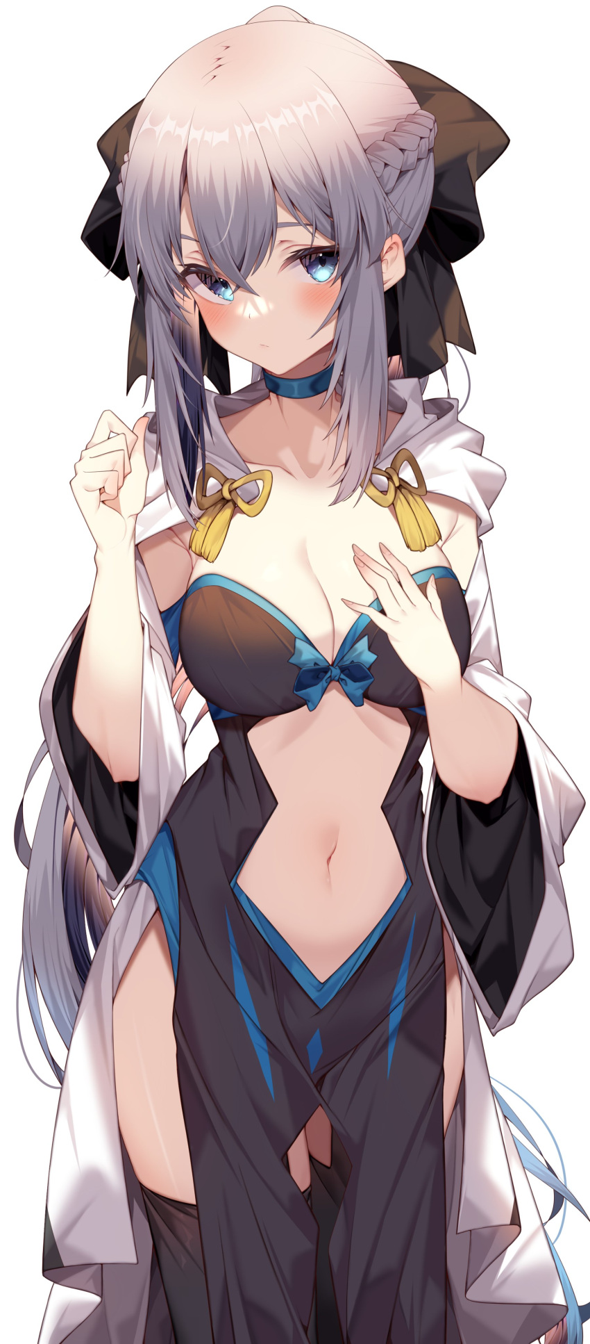 1girl absurdres armpit_crease black_dress black_thighhighs blue_choker blue_eyes bow braid breasts center_opening choker cleavage cowboy_shot dress expressionless fate/grand_order fate_(series) grey_hair hair_bow hand_on_own_chest hand_up highres hood hood_down jun_(aousa0328) long_hair long_sleeves looking_at_viewer medium_breasts morgan_le_fay_(fate) navel pelvic_curtain ponytail revealing_clothes simple_background solo standing stomach thighhighs thighs white_background wide_sleeves