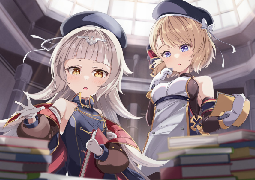 2girls acchii_(akina) azur_lane bangs bare_shoulders beret blonde_hair blue_eyes blunt_bangs book book_stack bow breasts commentary_request cross detached_sleeves from_below gloves grey_hair hair_ribbon hat hat_bow headpiece highres holding holding_book indoors iron_cross jacket medium_breasts multiple_girls open_mouth ribbon small_breasts standing sunlight swept_bangs upper_body white_bow white_gloves white_ribbon yellow_eyes z23_(azur_lane) z46_(azur_lane)