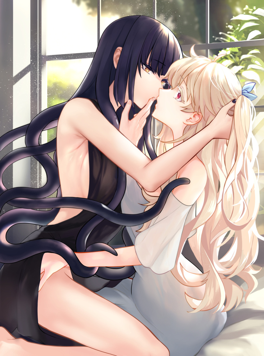 2girls albino albino_and_witch black_hair commentary_request finger_to_another's_mouth hand_under_clothes highres indoors light_particles long_hair majo_shuukai_de_aimashou mitsu_(tendou_itsuki) multiple_girls original red_eyes tentacles window yellow_eyes yuri