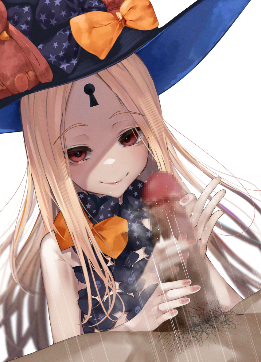 1girl abigail_williams_(fate) abigail_williams_(second_ascension)_(fate) absurdres bare_shoulders blonde_hair bow bowtie brown_eyes censored erection fate/grand_order fate_(series) handjob hat hetero highres keyhole long_hair looking_at_viewer male_pubic_hair mosaic_censoring penis pov pubic_hair simple_background smile suujiniku white_background witch_hat