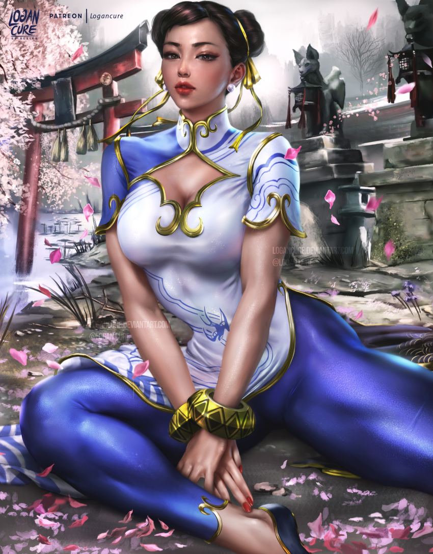 1girl absurdres bracelet breasts brown_eyes brown_hair china_dress chinese_clothes chun-li cleavage_cutout clothing_cutout double_bun dress hair_bun hair_ribbon highres jewelry large_breasts leggings lips logan_cure outdoors paid_reward_available petals ribbon short_hair sitting solo street_fighter street_fighter_6 torii