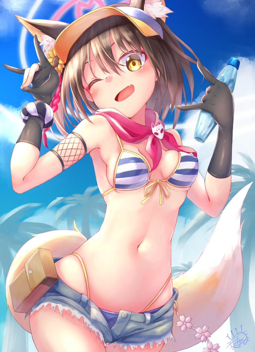 1girl absurdres animal_ear_fluff animal_ears bare_arms bare_shoulders bikini black_hair blue_archive blue_shorts breasts denim denim_shorts fang fox_ears fox_girl fox_shadow_puppet fox_tail hair_ornament halo highleg highleg_bikini highres izuna_(blue_archive) izuna_(swimsuit)_(blue_archive) kanimiso_(juutilainen77) large_tail looking_at_viewer micro_shorts navel official_alternate_costume one_eye_closed open_fly open_mouth scarf scrunchie short_hair shorts small_breasts smile solo string_bikini striped striped_bikini swimsuit tail thighs visor_cap water wrist_scrunchie yellow_eyes