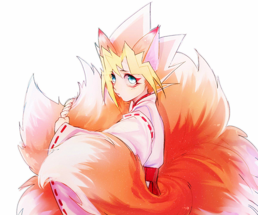 1boy animal_ears bangs blonde_hair blue_eyes drinkdrink dyed_bangs facepaint facial_mark fox_boy fox_ears fox_tail from_side hakama japanese_clothes kemonomimi_mode long_sleeves male_focus multicolored_hair multiple_tails mutou_yuugi orange_hair outstretched_arms red_hakama ribbon-trimmed_sleeves ribbon_trim short_hair simple_background spiked_hair tail tail_hug two-tone_hair white_background wide_sleeves yu-gi-oh! yu-gi-oh!_duel_monsters