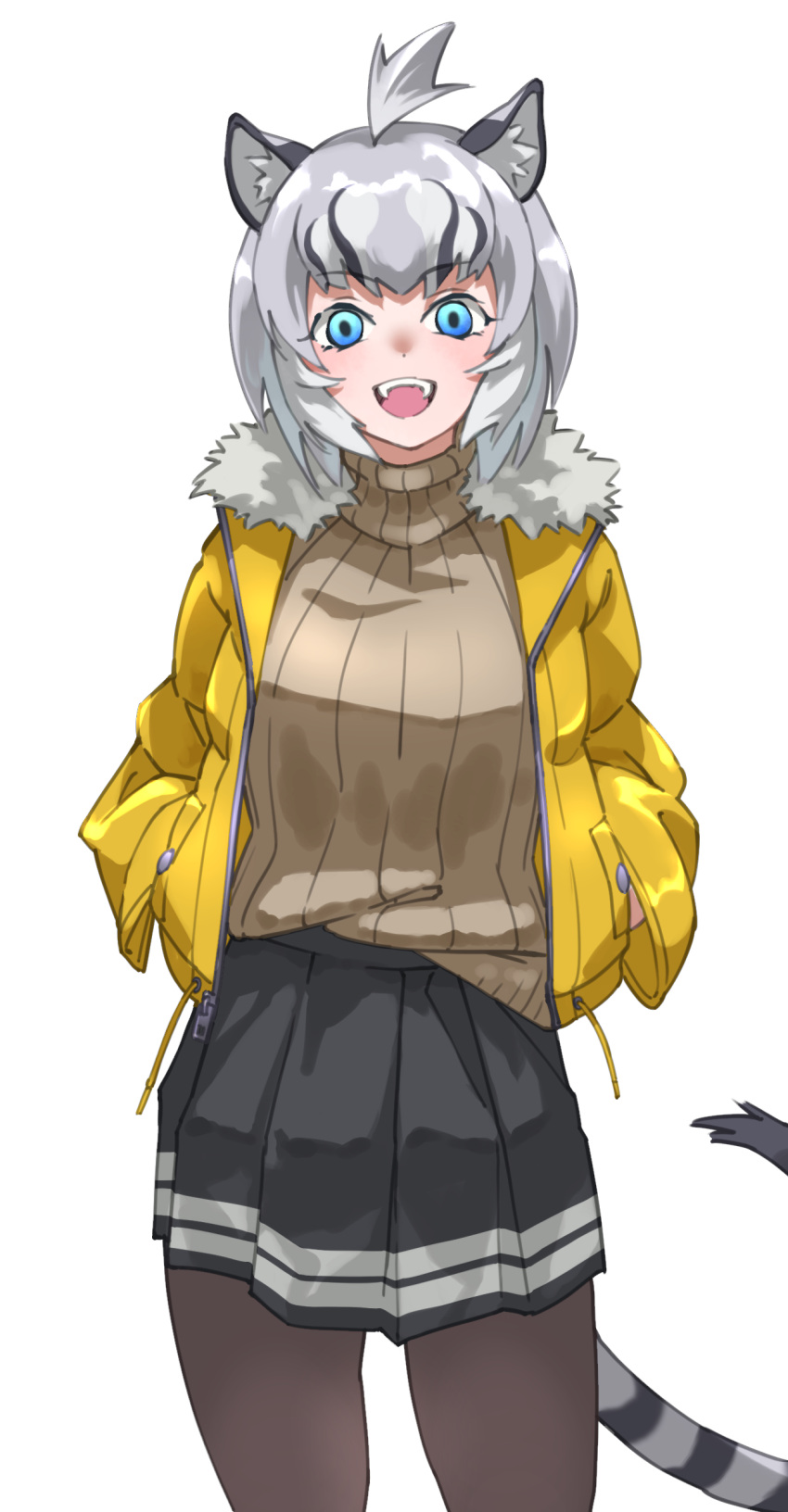 1girl :d absurdres alternate_costume animal_ear_fluff animal_ears black_pantyhose black_skirt blue_eyes blush brown_sweater casual cave_lion_(kemono_friends) commentary cowboy_shot empty_eyes grey_hair hands_in_pockets highres jacket kemono_friends lion_ears lion_girl lion_tail looking_at_viewer multicolored_hair open_clothes open_jacket open_mouth pantyhose pleated_skirt short_hair skirt smile solo sweater tail tanabe_(fueisei) teeth turtleneck turtleneck_sweater upper_teeth yellow_jacket