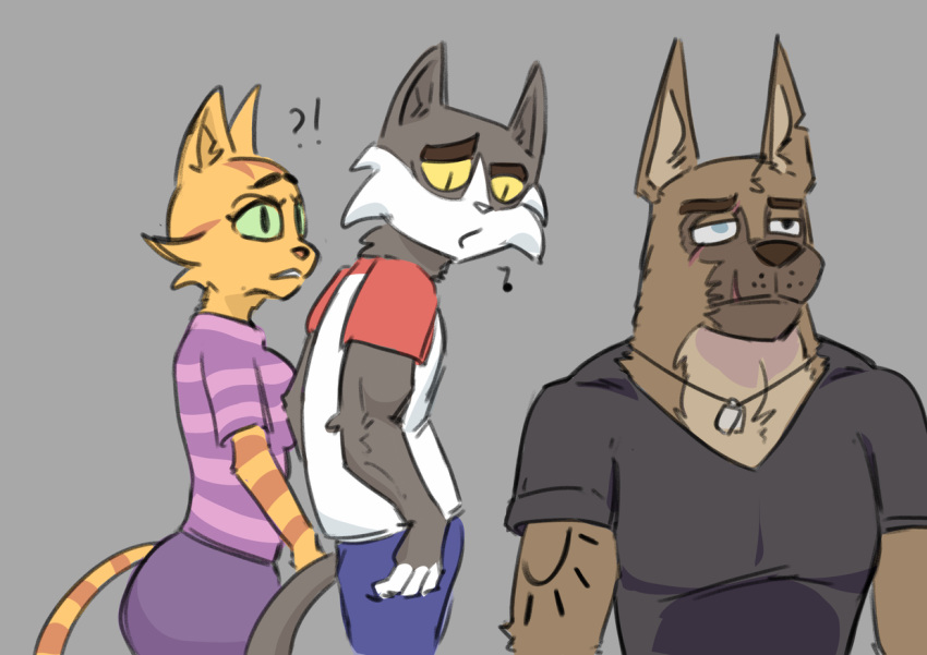 2022 ?! anthro arm_tattoo arm_tuft black_body black_clothing black_eyebrows black_fur black_nose black_shirt black_topwear blind_eye blue_bottomwear blue_clothing blue_pants bottomwear brown_body brown_fur brutus_(pixie_and_brutus) canid canine canis cheek_tuft clothed clothing crossover digital_media_(artwork) distracted_boyfriend dog_tags domestic_cat domestic_dog eye_scar eyebrows facial_scar facial_tuft felid feline felis female fran_(litterbox_comics) freckles fully_clothed fur fur_tuft german_shepherd green_sclera grey_background group head_turned herding_dog husband husband_and_wife inner_ear_fluff jewelry joel_(litterbox_comics) litterbox_comics looking_at_another looking_at_partner looking_back male mammal married_couple mature_anthro mature_female mature_male meme multicolored_body multicolored_clothing multicolored_fur multicolored_shirt multicolored_topwear musical_note neck_tuft necklace notched_ear orange_body orange_fur pants parody pastoral_dog pattern_clothing pattern_shirt pattern_topwear pink_nose pixie_and_brutus prick_ears purple_bottomwear purple_clothing purple_pants purple_shirt purple_topwear scar shirt simple_background striped_body striped_clothing striped_fur striped_shirt striped_topwear stripes stupidgnoll tattoo thick_eyebrows thick_neck topwear trio tuft two_tone_body two_tone_clothing two_tone_fur two_tone_shirt two_tone_topwear webcomic white_body white_clothing white_fur white_nose white_shirt white_topwear wife yellow_sclera yoga_pants