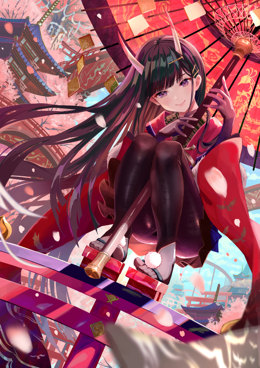 1girl absurdres architecture azur_lane bangs black_gloves black_hair black_pantyhose blue_sky blunt_bangs blush bridge building closed_mouth cloud cloudy_sky day east_asian_architecture feet gloves hair_ornament hairclip head_tilt highres holding holding_umbrella horns ito_lab japanese_clothes kimono long_hair looking_at_viewer noshiro_(azur_lane) oil-paper_umbrella oni_horns outdoors pantyhose purple_eyes railing red_kimono red_umbrella sandals sky smile solo squatting toeless_legwear toes tree umbrella very_long_hair wide_sleeves