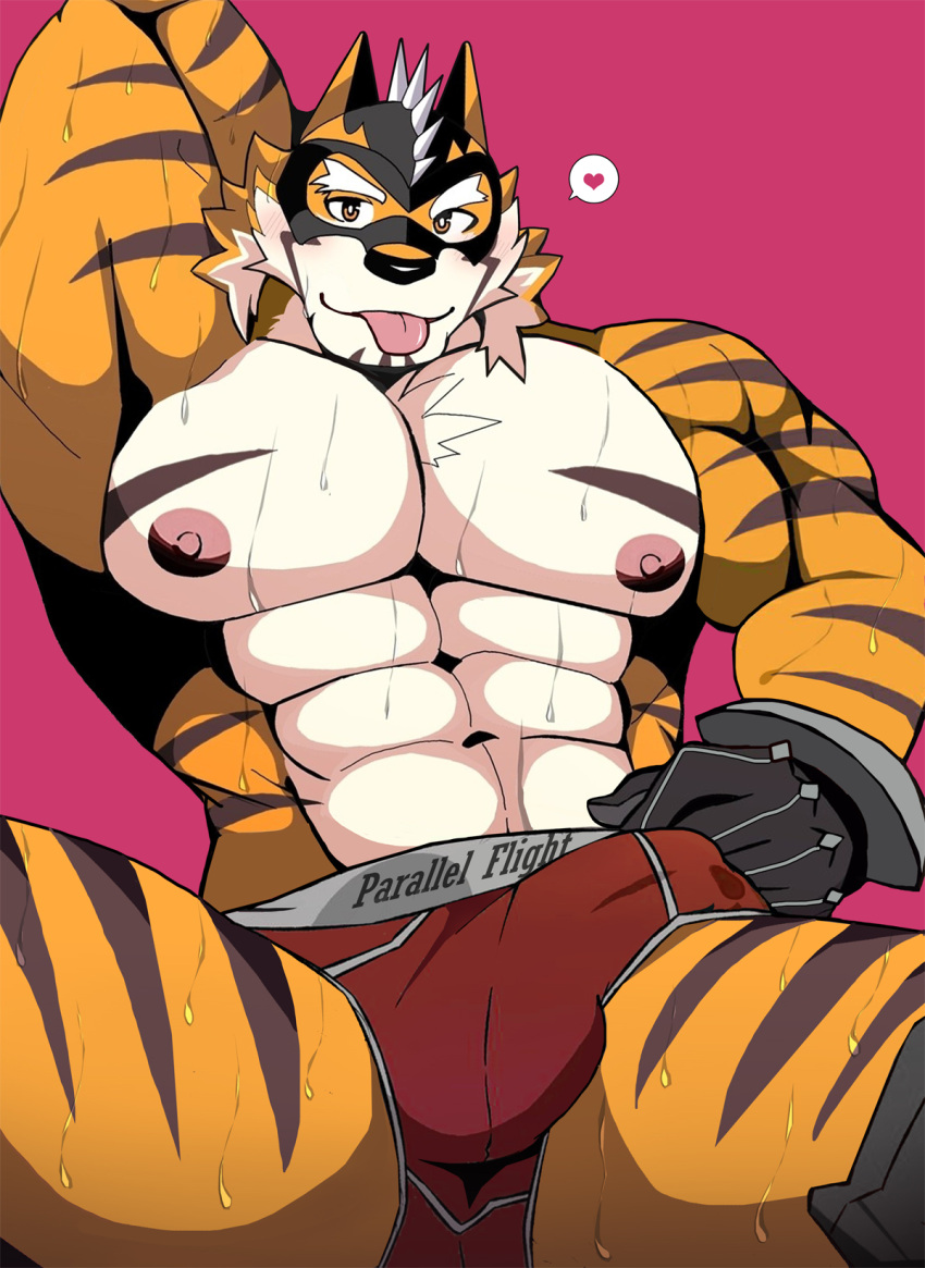 abs anthro bearlovestiger13 bodily_fluids bulge clothing felid fur hi_res lifewonders live-a-hero male mammal muscular muscular_anthro muscular_male nipples pantherine pecs ryekie_(live-a-hero) solo striped_body striped_fur stripes sweat tiger underwear video_games