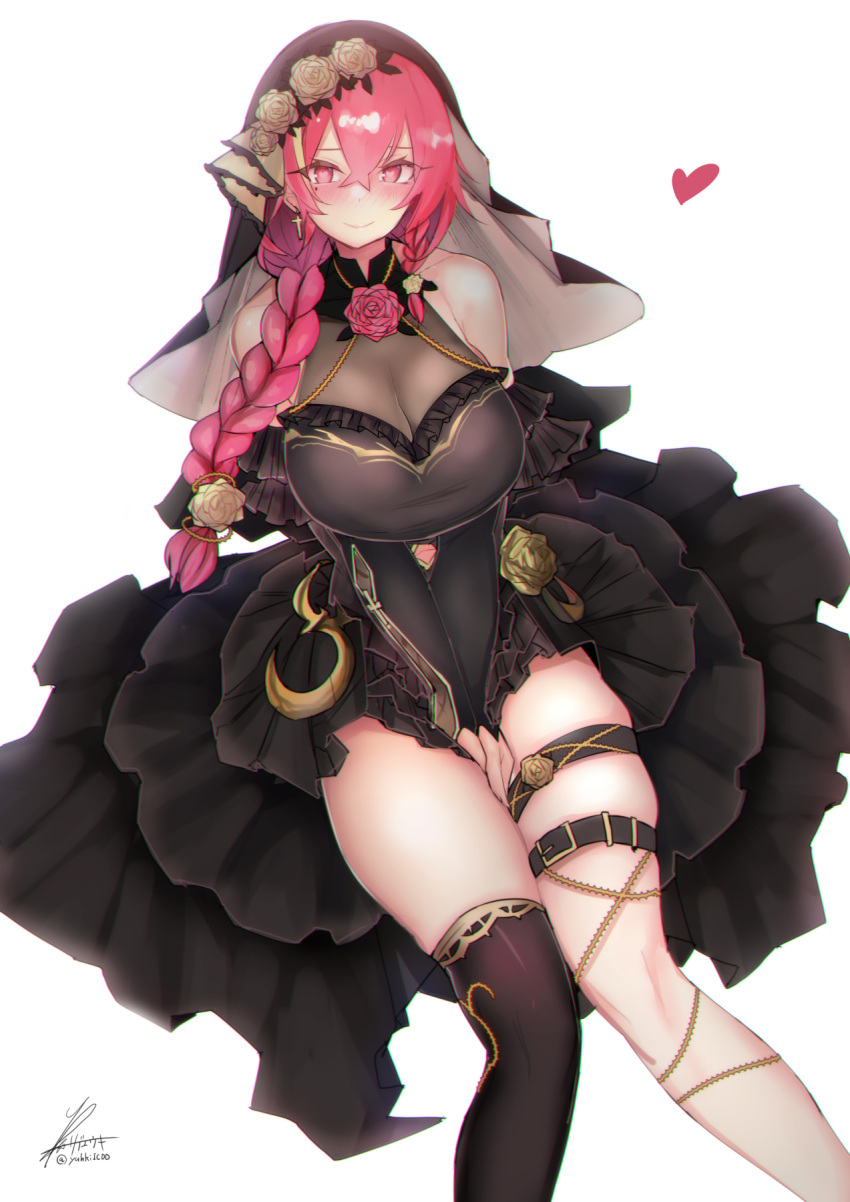 1girl bare_shoulders black_dress black_thighhighs blush braid breasts cleavage closed_mouth cross cross_earrings dress earrings frilled_dress frills hair_over_shoulder heart heart-shaped_pupils highres himesaki_maria indie_virtual_youtuber jewelry large_breasts layered_dress long_hair looking_at_viewer paid_reward_available red_eyes red_hair rib:y(uhki) see-through side_braid single_thighhigh skin_tight skindentation sleeveless sleeveless_dress smile solo symbol-shaped_pupils thigh_strap thighhighs v_arms veil virtual_youtuber