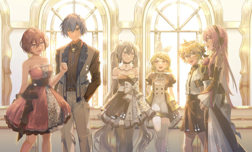 2boys 4girls aqua_hair bangs bare_shoulders blonde_hair blue_eyes blue_hair bow brooch brown_hair clenched_hand closed_mouth detached_sleeves dress flower gloves hair_between_eyes hair_bow hair_ornament hand_in_pocket hand_up hatsune_miku headset highres indoors jewelry kagamine_len kagamine_rin kaito_(vocaloid) lace long_dress long_hair megurine_luka meiko multiple_boys multiple_girls open_clothes open_mouth open_vest pants pink_hair puffy_short_sleeves puffy_shorts puffy_sleeves red_dress ribbon rose saihate_(d3) short_hair short_sleeves shorts smile strapless strapless_dress suspender_shorts suspenders swept_bangs thighhighs twintails vest vest_over_shirt vocaloid window