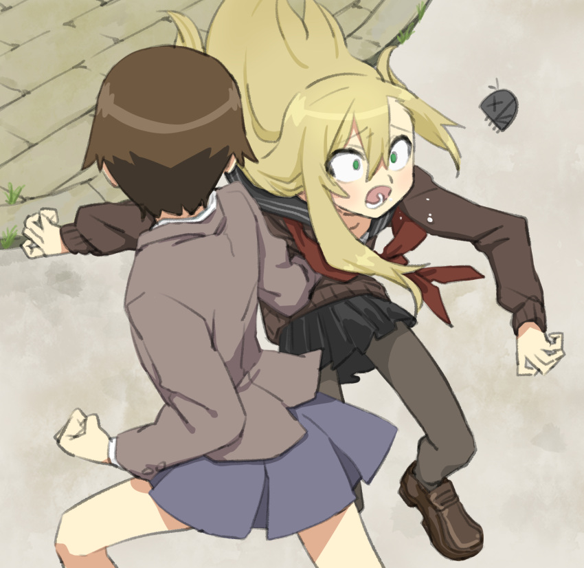 2girls beetle blonde_hair brown_hair bug cardigan fighting green_eyes highres loafers long_hair matangom matangomu-chan multiple_girls ore_no_imouto_ga_konna_ni_kawaii_wake_ga_nai original pantyhose parody pleated_skirt punching school_uniform shoes short_hair skirt tamura_manami