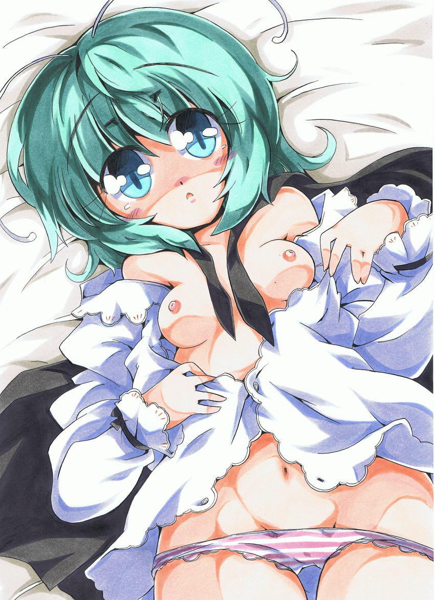 absurdres antennae bare_shoulders blue_eyes breasts cape green_hair highres lying marker_(medium) medium_breasts milkpanda nipples no_pants open_clothes open_shirt panties shirt solo striped striped_panties touhou traditional_media underwear wriggle_nightbug