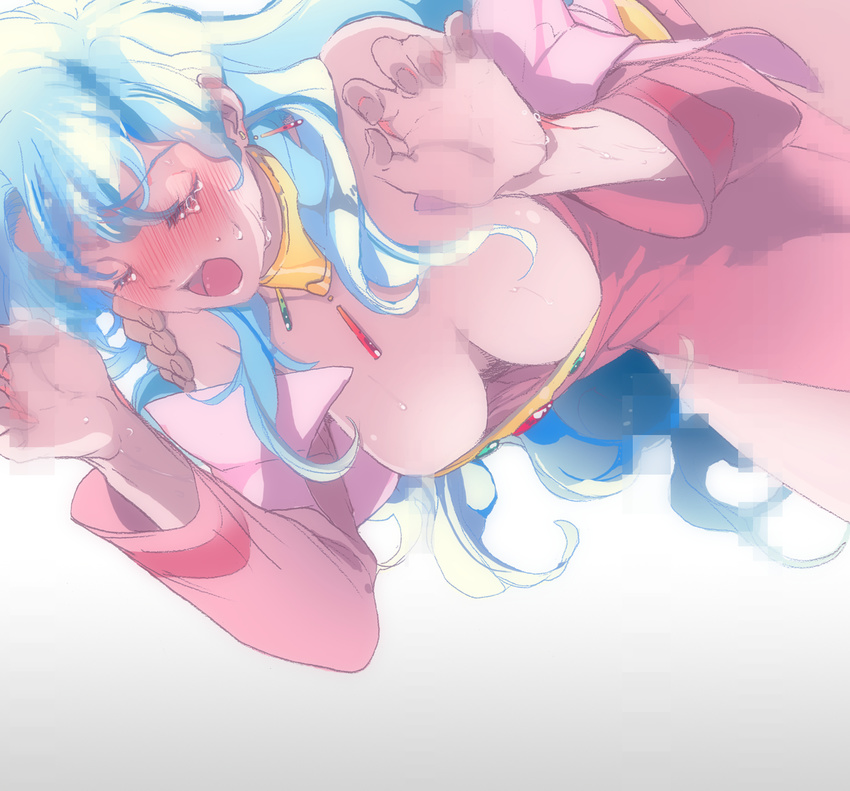 1girl bad_id bad_pixiv_id bent_over blush breasts censored cleavage closed_eyes cloud_hair downblouse dress earrings hetero highres jewelry kanke_(yonkuma) large_breasts long_hair multicolored_hair nia_teppelin open_mouth pink_dress pointless_censoring sex solo_focus sweat tears tengen_toppa_gurren_lagann