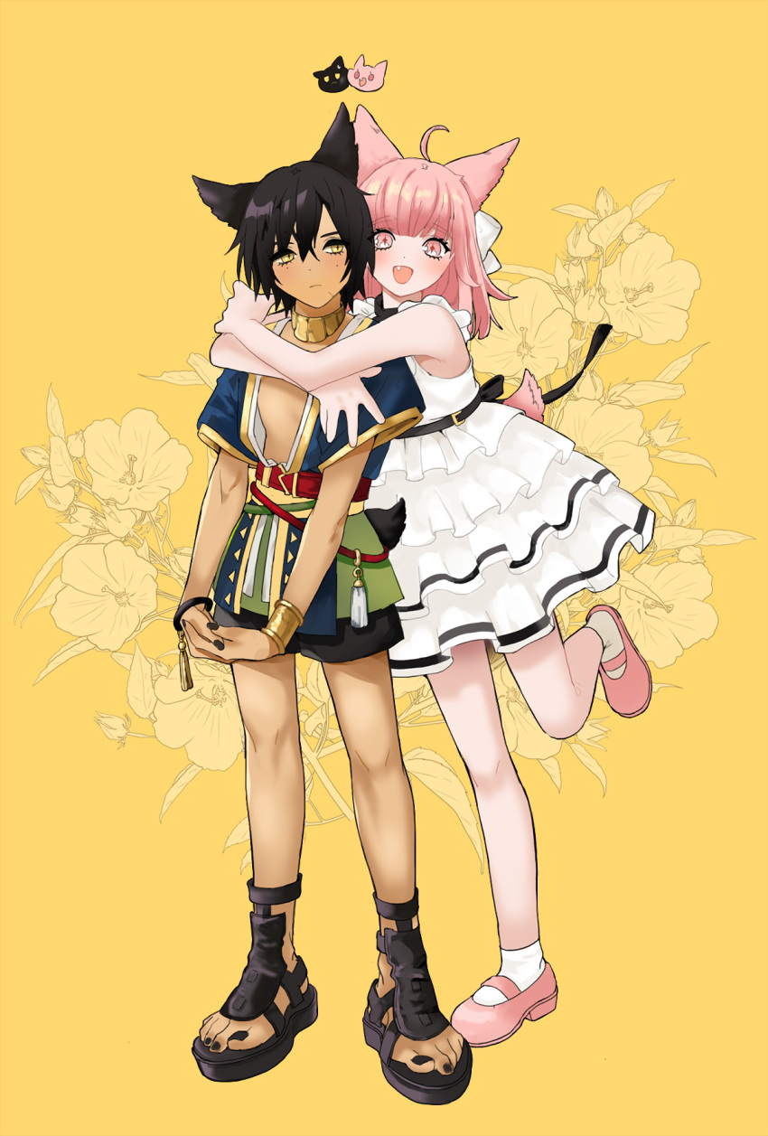 1boy 1girl :p animal_ears arms_around_neck avatar_(ff14) bangs bare_arms black_hair black_nails blunt_bangs blush bow bracer cat_ears couple dress fang female_child final_fantasy final_fantasy_xiv floral_background frilled_dress frills full_body gold_collar hair_between_eyes hair_bow highres hug hug_from_behind kaka_ff14 leg_up male_child medium_hair miqo'te open_clothes open_mouth open_shirt own_hands_clasped own_hands_together pale_skin pink_eyes pink_footwear sandals scar scar_on_cheek scar_on_face short_sleeves smile standing tail tassel tongue tongue_out white_bow white_dress yellow_background yellow_eyes younger