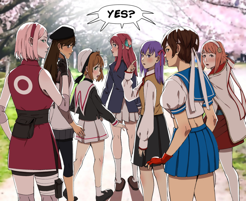 6+girls black_gloves cardcaptor_sakura character_request cherry_blossoms crossover english_text evangelion:_3.0_you_can_(not)_redo fate/stay_night fate_(series) fire_emblem fire_emblem_fates francisco_mon gloves hairband haruno_sakura hat headband highres kasugano_sakura kinomoto_sakura looking_at_viewer looking_back matou_sakura multiple_crossover multiple_girls namesake naruto_(series) naruto_shippuuden neon_genesis_evangelion pink_hair purple_hair rebuild_of_evangelion sakura_(fire_emblem) school_uniform shared_speech_bubble skirt speech_bubble street_fighter street_fighter_zero_(series) suzuhara_sakura