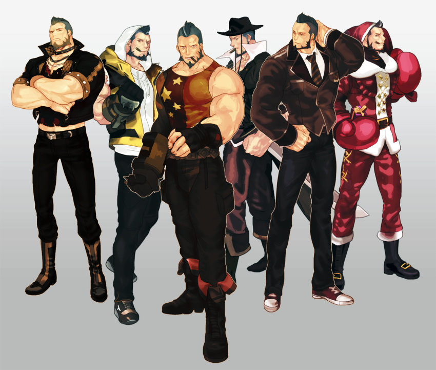 6+boys alternate_costume arm_behind_head artist_request bandaid bandaid_on_cheek bandaid_on_face bara beard black_hair black_suit brown_tank_top cigar clone covered_abs crossed_arms cyphers damian_doyle_(cyphers) dark-skinned_male dark_skin facial_hair fedora fingerless_gloves formal full_body gloves hat hood hood_up jacket large_pectorals looking_at_viewer male_focus mature_male midriff_peek mohawk multiple_boys muscular muscular_male pectorals santa_costume santa_hat short_hair smoking standing suit tank_top yellow_jacket