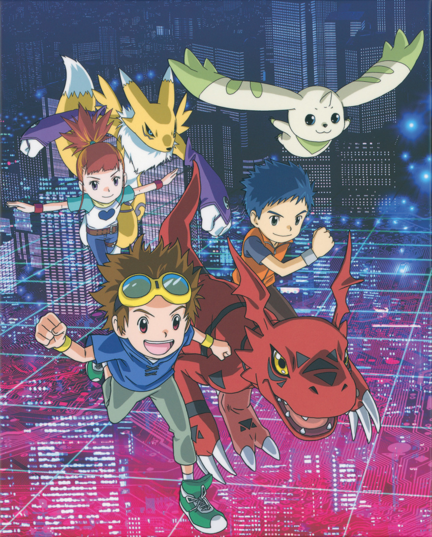 absurdres blue_hair brown_hair child city closed_mouth denim digimon digimon_(creature) digimon_tamers fangs female_child flying furry furry_female goggles goggles_on_head green_footwear guilmon highres jeans li_jianliang makino_ruki matsuda_takato multiple_boys non-web_source official_art open_mouth pants purple_hair running scan smile teeth upper_teeth