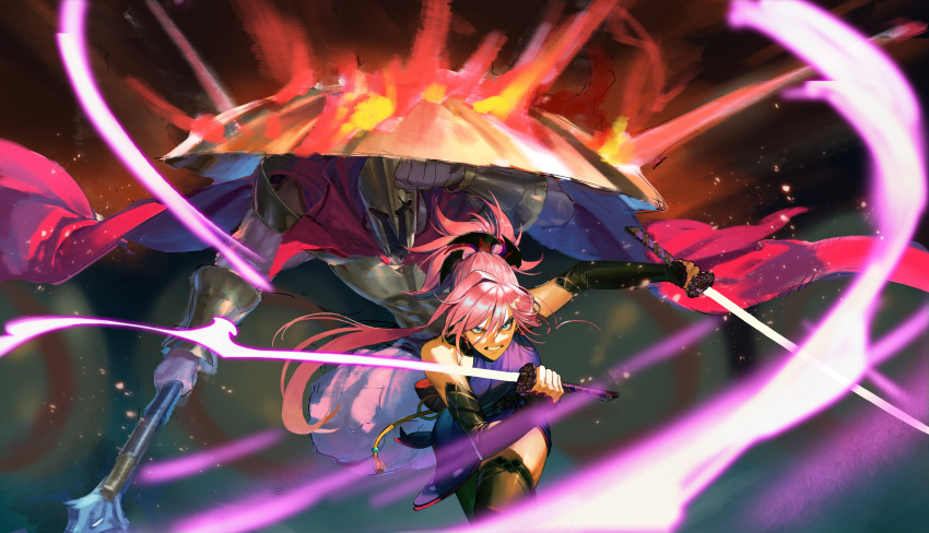 1boy 1girl absurdres bangs bare_shoulders cape clenched_teeth denshirisu11 detached_sleeves fate/grand_order fate_(series) helmet highres japanese_clothes katana leaning_forward leonidas_(fate) long_hair magic miyamoto_musashi_(fate) muscular muscular_male pink_hair polearm protecting running serious shield sword teeth weapon