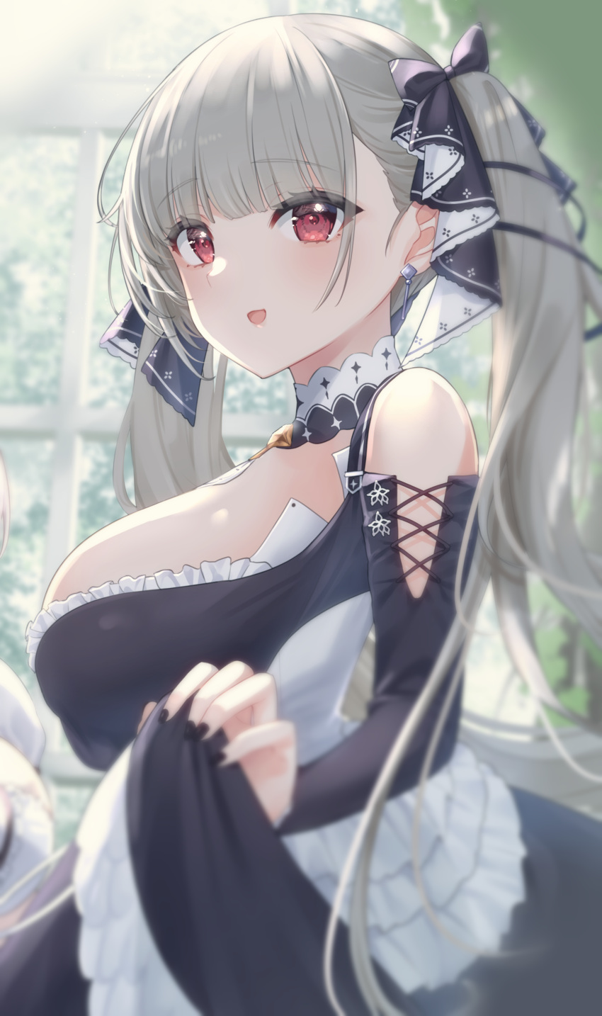 1girl :d absurdres azur_lane bare_shoulders black_bow black_dress black_nails blush bow breasts cowboy_shot day detached_collar detached_sleeves dress earrings formidable_(azur_lane) frilled_dress frills from_side grey_hair hair_bow highres indoors jewelry large_breasts long_hair long_sleeves looking_at_viewer looking_to_the_side maid nail_polish open_mouth red_eyes sideboob smile solo twintails very_long_hair window yamamura_umi