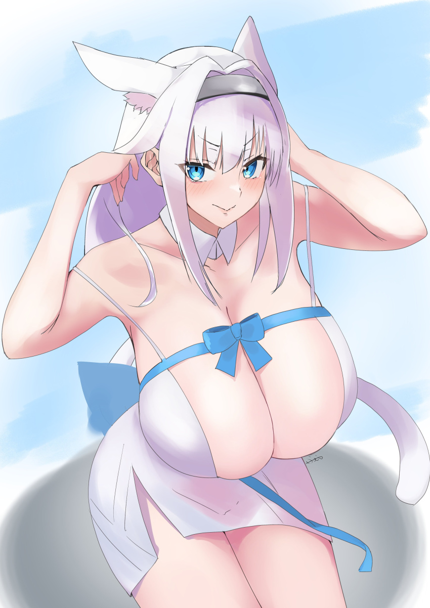 1girl absurdres animal_ear_fluff animal_ears aya_roushi bangs bare_shoulders blue_bow blue_eyes blue_ribbon blush bow breasts cat_ears cat_girl cat_tail cleavage collarbone detached_collar dobrynya_nikitich_(fate) dress fate/grand_order fate_(series) hair_bow hairband highres large_breasts long_hair looking_at_viewer low_ponytail ribbon short_dress smile solo tail thighs white_dress white_hair