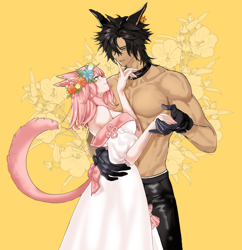 1boy 1girl animal_ears avatar_(ff14) bangs bare_shoulders black_gloves black_hair black_pants blunt_bangs bomb_(final_fantasy) breasts cat_ears cat_tail collar collarbone couple cowboy_shot dress earrings facial_mark final_fantasy final_fantasy_xiv finger_to_another's_mouth floral_background gloves hand_on_another's_back head_wings highres holding_hands jewelry kaka_ff14 large_breasts leather leather_pants medium_hair miqo'te muscular muscular_male off-shoulder_dress off_shoulder pale_skin pants parted_bangs parted_lips pectorals pink_eyes pink_hair pink_tail puffy_sleeves scar scar_on_arm scar_on_cheek scar_on_face smile tail topless_male white_dress yellow_background yellow_eyes