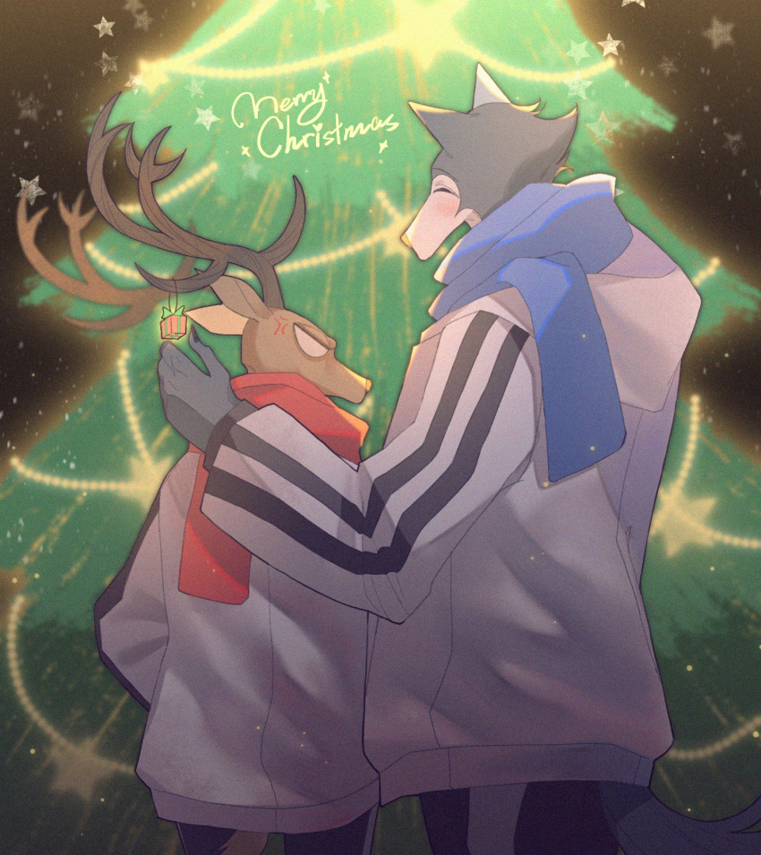 2boys ^_^ anger_vein angry antlers beastars black_nails blank_eyes blue_scarf blush box christmas_lights christmas_ornaments christmas_tree closed_eyes coat cowboy_shot deer_boy facing_another facing_to_the_side from_behind furry furry_male gift gift_box glowing hand_up happy highres horn_ornament horns legoshi long_sleeves louis_(beastars) male_focus matching_outfit merry_christmas multiple_boys profile reaching red_scarf scarf star_(symbol) suda-rinrinko white_coat winter_clothes wolf_boy