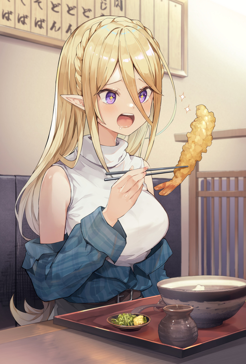 1girl absurdres belt blonde_hair bowl brown_belt casual chopsticks elf food highres holding holding_chopsticks indoors kusumoto_touka long_hair open_mouth original plaid plaid_shirt pointy_ears purple_eyes revision round_teeth saliva shirt shrimp shrimp_tempura sitting sleeveless solo teeth tempura turtleneck white_shirt