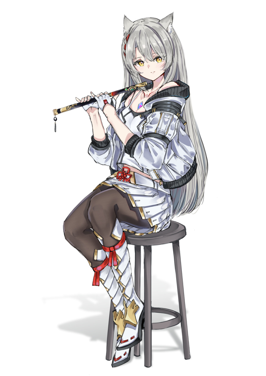 1girl alternate_hair_length alternate_hairstyle animal_ears black_pantyhose boots breasts camisole cat_ears chest_jewel flute full_body grey_hair highres instrument jacket knee_boots leggings long_hair mio_(xenoblade) pantyhose pleated_skirt red_ribbon ribbon sarasadou_dan simple_background skirt small_breasts solo white_background white_camisole white_hair white_jacket white_skirt xenoblade_chronicles_(series) xenoblade_chronicles_3 yellow_eyes