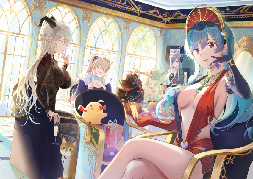 5girls :d absurdres aegir_(azur_lane) alternate_costume anchorage_(azur_lane) asymmetrical_gloves asymmetrical_horns august_von_parseval_(azur_lane) azur_lane black_gloves black_horns blue_dress blue_hair box breasts cake candy center_opening champagne_flute chocolate cleavage cleavage_cutout clothing_cutout cocktail_dress criss-cross_halter cross crossed_legs cup curled_horns demon_horns dress drinking drinking_glass drinking_straw earrings elbow_gloves evening_gown food fried_chicken gift gift_box gloves gold_earrings gold_necklace green_dress hair_on_horn hair_over_one_eye hakuryuu_(azur_lane) halter_dress halterneck headgear heart heart-shaped_box heart-shaped_chocolate highres holding holding_plate horns ice ice_cube indoors iron_cross jewelry large_breasts long_hair looking_at_viewer macaron manjuu_(azur_lane) marco_polo_(azur_lane) mechanical_horns medium_breasts mismatched_gloves mole mole_on_breast multiple_girls nail_polish necklace no_bra orange_cat plate purple_eyes purple_hair red_dress red_eyes red_gloves red_horns red_nails see-through see-through_dress seolryun sitting sleeveless sleeveless_dress smile twintails two-tone_dress two-tone_horns very_long_hair white_dress white_eyes white_hair white_horns window yellow_eyes
