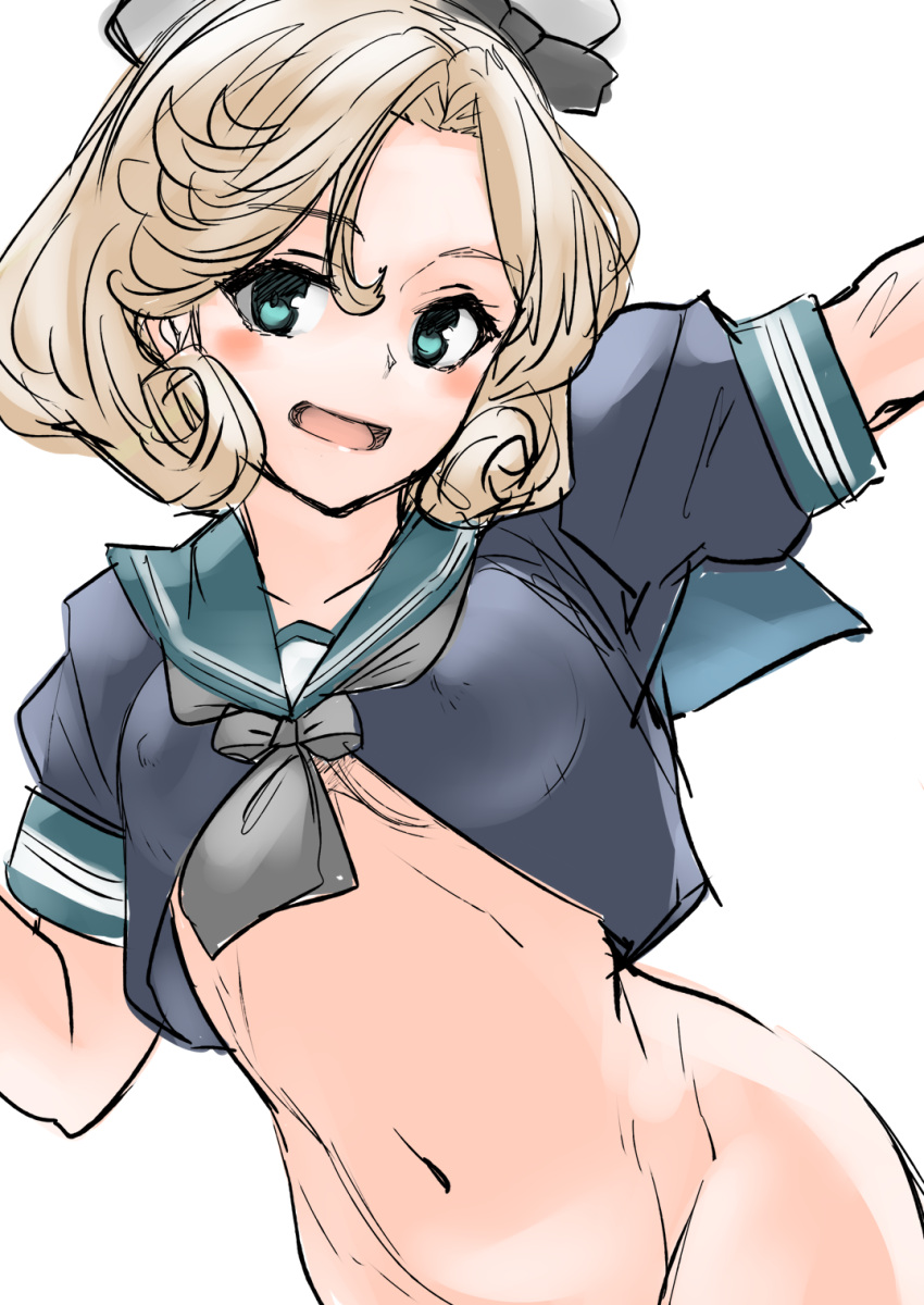 1girl 30-06 black_serafuku blonde_hair blue_eyes blush breasts commentary commentary_request covered_nipples cropped_shirt curly_hair dutch_angle green_sailor_collar grey_neckerchief hat highres janus_(kancolle) kantai_collection looking_at_viewer navel neckerchief no_panties out-of-frame_censoring sailor_collar school_uniform serafuku short_hair sketch small_breasts smile solo white_background