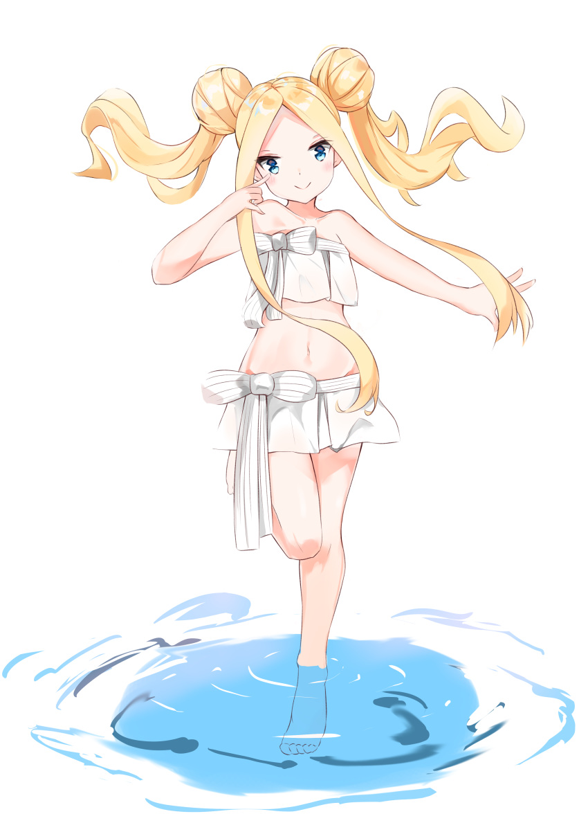 1girl abigail_williams_(fate) abigail_williams_(swimsuit_foreigner)_(fate) absurdres bangs bare_arms bare_shoulders barefoot bikini blonde_hair blue_eyes bow closed_mouth collarbone commentary double_bun fate/grand_order fate_(series) forehead hair_bun highres long_hair looking_at_viewer navel parted_bangs shallow_water simple_background smile solo standing standing_on_one_leg strapless strapless_bikini striped striped_bow swimsuit twintails very_long_hair water white_background white_bikini white_bow yukaa