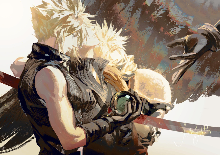 arm_on_shoulder armor black_gloves black_wings blonde_hair blood blood_on_weapon closed_eyes cloud_strife final_fantasy final_fantasy_vii final_fantasy_vii_advent_children final_fantasy_vii_remake gloves hands_on_another's_shoulder high_collar highres holding looking_at_object masamune_(ff7) materia moyna multiple_boys muscular muscular_male open_collar open_mouth out_of_frame outstretched_hand parted_lips profile scarf sephiroth short_hair shoulder_armor signature single_wing sleeveless sleeveless_turtleneck sleeves_rolled_up smile spiked_hair time_paradox turtleneck upper_body weapon wings younger