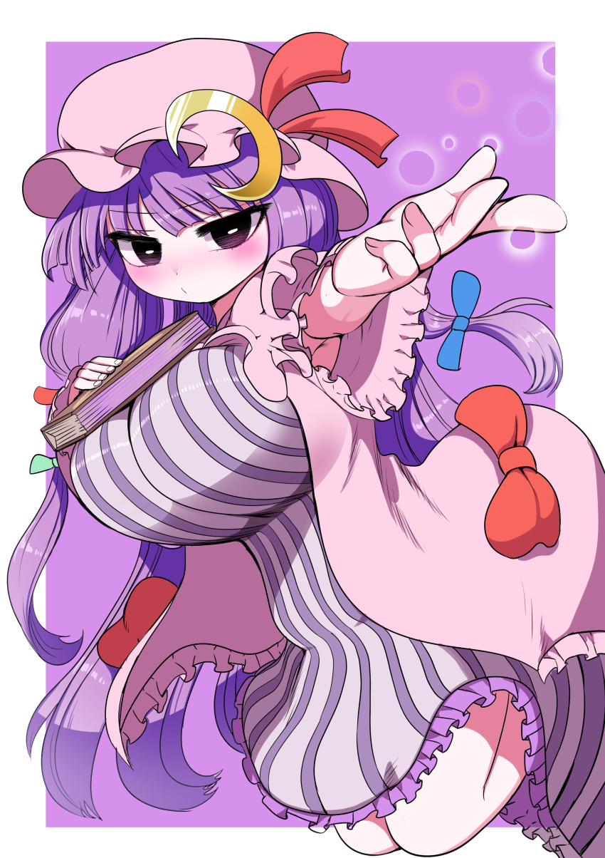 1girl absurdres blush book bow breasts dress foreshortening frills hair_bow hat highres huge_breasts long_hair looking_at_viewer mob_cap moon_(ornament) patchouli_knowledge purple_eyes purple_hair simple_background striped striped_dress touhou zurikishi
