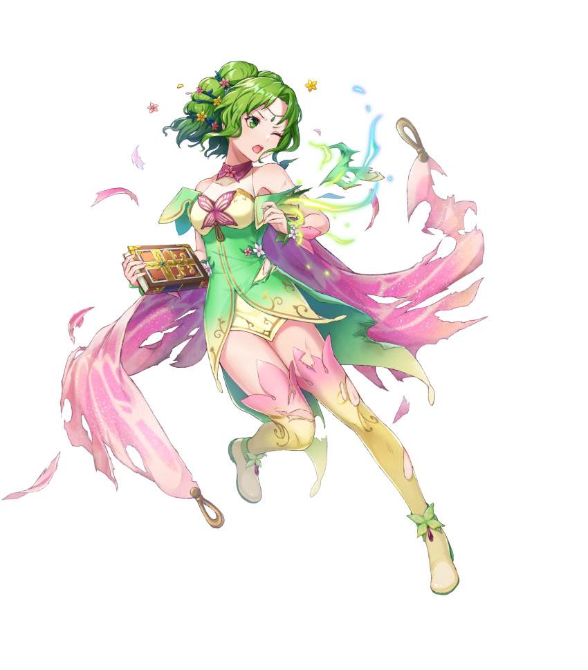 1girl alternate_costume artist_request bangs bare_shoulders book boots breasts cape dress fire_emblem fire_emblem:_the_sacred_stones fire_emblem_heroes flower full_body gradient gradient_clothes green_eyes green_hair hair_ornament highres holding holding_book jewelry l'arachel_(fire_emblem) leg_up long_hair looking_away medium_breasts non-web_source official_art one_eye_closed open_mouth petals shiny shiny_hair short_dress sleeveless solo thigh_boots thighs torn_cape torn_clothes transparent_background turtleneck wrist_cuffs zettai_ryouiki