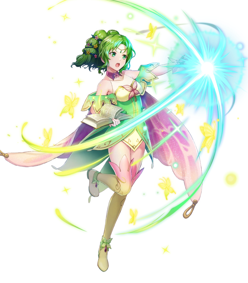 1girl alternate_costume artist_request bangs bare_shoulders book boots breasts bug butterfly cape dress fire_emblem fire_emblem:_the_sacred_stones fire_emblem_heroes full_body gradient gradient_clothes green_eyes green_hair hair_ornament hand_up highres holding holding_book jewelry l'arachel_(fire_emblem) leg_up long_hair looking_away magic medium_breasts non-web_source official_art open_book open_mouth shiny shiny_hair short_dress sleeveless solo sparkle thigh_boots thighs transparent_background turtleneck wrist_cuffs zettai_ryouiki