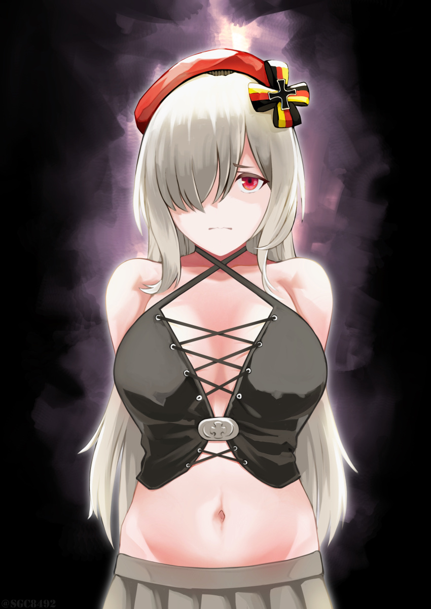 1girl absurdres arms_behind_back bangs bare_shoulders beret black_shirt breasts closed_mouth collarbone crop_top cross g36c_(girls'_frontline) german_flag girls'_frontline grey_hair grey_skirt hair_between_eyes hair_over_one_eye hair_ribbon hat highres iron_cross long_hair looking_at_viewer medium_breasts mod3_(girls'_frontline) navel out_of_frame red_eyes red_headwear ribbon shading_eyes shirt simple_background skirt solo standing sugac twitter_username upper_body
