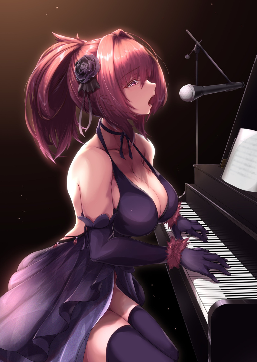 1girl absurdres bangs bare_shoulders breasts cleavage collarbone dress fate/grand_order fate_(series) highres large_breasts long_hair ponytail purple_hair red_eyes saboten_teishoku scathach_(fate) solo thighs