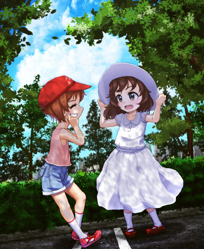 2girls absurdres adjusting_clothes adjusting_headwear akiyama_yukari bangs baseball_cap blue_shorts blue_sky blurry blurry_background brown_eyes brown_hair bush closed_eyes cloud cloudy_sky collared_dress commentary_request dappled_sunlight day depth_of_field dress dutch_angle facing_another fingersmile girls_und_panzer grin hat highres looking_at_another medium_dress medium_hair multiple_girls mushinosuke nishizumi_miho open_mouth outdoors partial_commentary pink_shirt red_footwear shirt short_hair short_shorts short_sleeves shorts sky smile socks standing sun_hat sunlight tank_top tree white_dress white_headwear white_socks younger