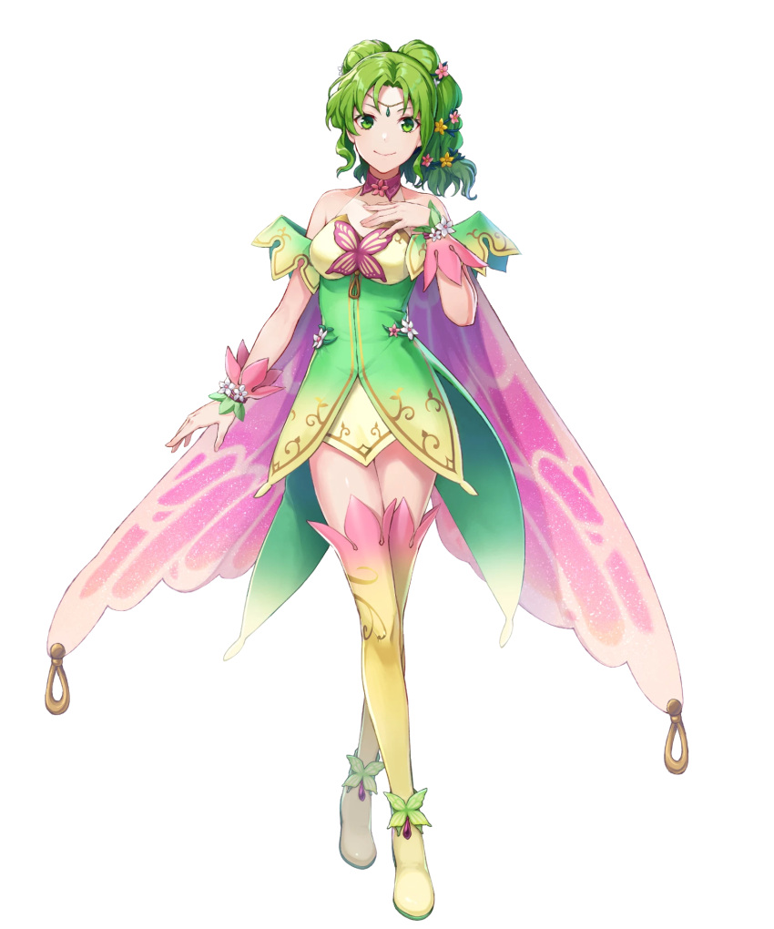 1girl alternate_costume artist_request bangs bare_shoulders boots breasts cape dress fire_emblem fire_emblem:_the_sacred_stones fire_emblem_heroes full_body gradient gradient_clothes green_eyes green_hair hair_ornament hand_on_own_chest hand_up highres jewelry l'arachel_(fire_emblem) long_hair looking_at_viewer medium_breasts non-web_source official_art shiny shiny_hair short_dress simple_background sleeveless smile solo thigh_boots thighs transparent_background turtleneck white_background wrist_cuffs zettai_ryouiki
