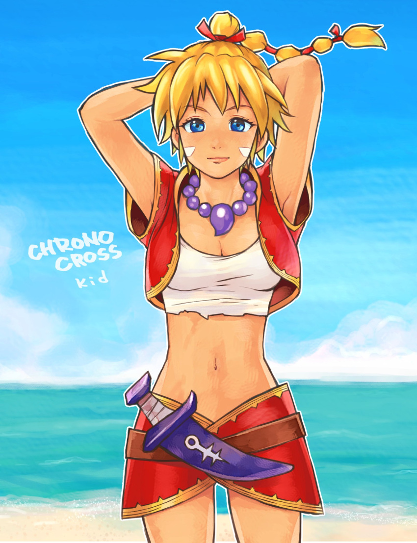 1girl 8warebw arms_behind_head bare_arms beach bead_necklace beads blonde_hair blue_eyes breasts character_name chrono_cross cleavage cowboy_shot crop_top cropped_jacket dagger facial_mark highres jacket jewelry kid_(chrono_cross) knife long_hair looking_at_viewer medium_breasts midriff miniskirt multi-tied_hair navel necklace ocean outdoors ponytail red_jacket red_skirt shirt short_sleeves skirt solo weapon white_shirt